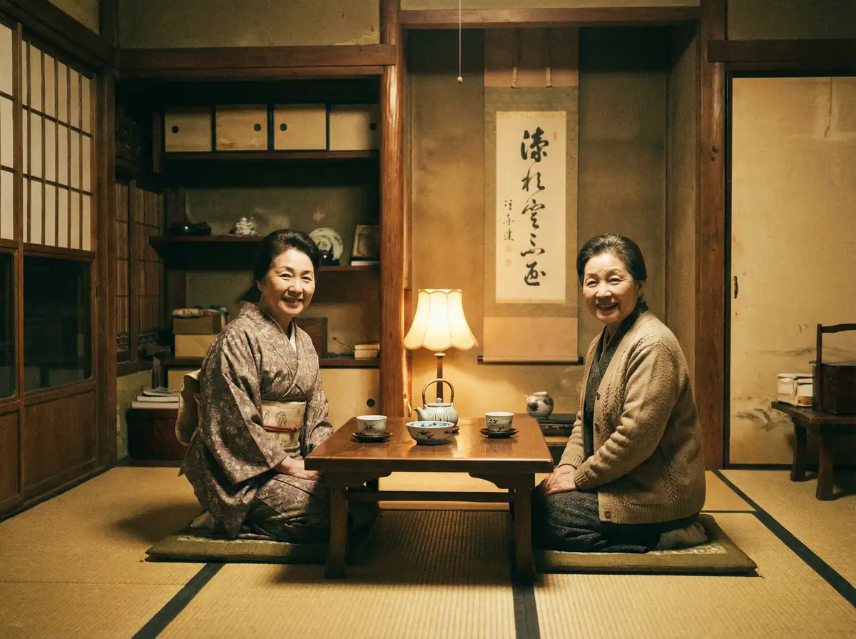 两位优雅的 彩月七绪 在日式茶室中品茶交谈